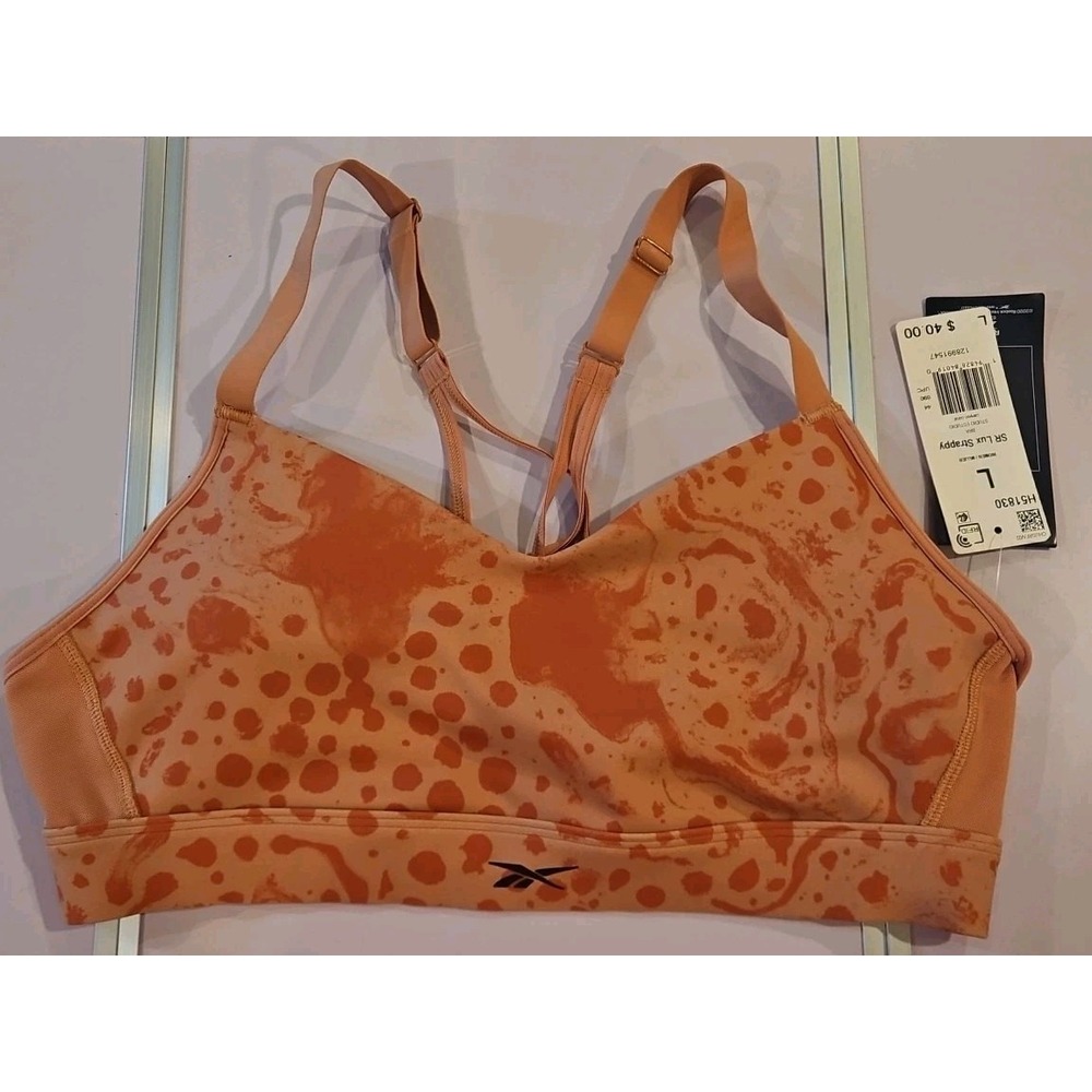 New!Reebok Animal Print Strappy Studio Women's Sports Bra L Canyon Coral Int18